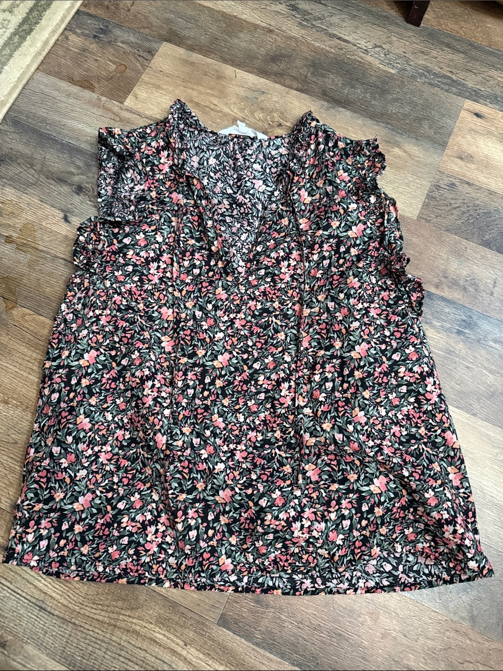 Steve Madden Black Floral V-Neck Sleeveless Blouse with Pink Accents